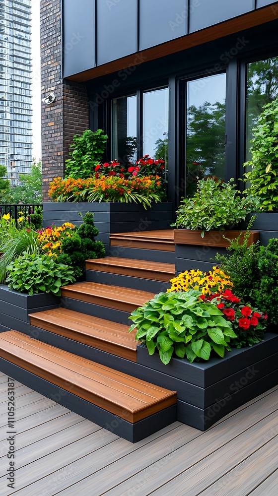 Fototapeta premium Eco cityscape eco friendly concept, A vibrant garden with colorful flowers adorns wooden steps, leading to a modern entrance, surrounded by greenery and urban architecture.