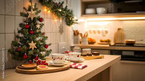 cozy Christmas kitchen scene featuring small decorated tree, festive treats, and warm lighting. atmosphere is inviting and cheerful, perfect for holiday gatherings