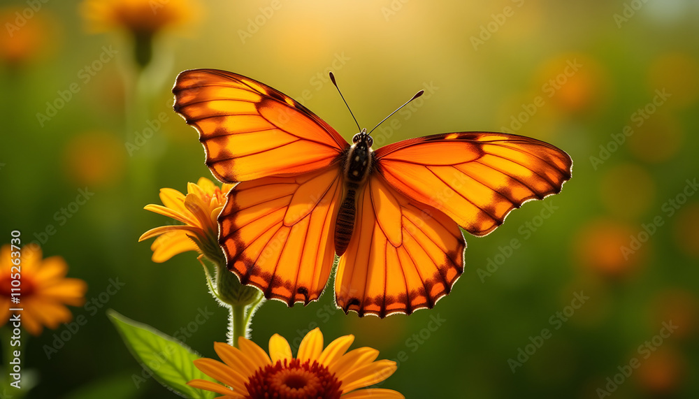 Majestic bright orange monarch butterfly spreading its wings with warm lighting against vibrant flowers
Majestic bright orange monarch butterfly spreading its wings with warm lighting against vibrant flowers