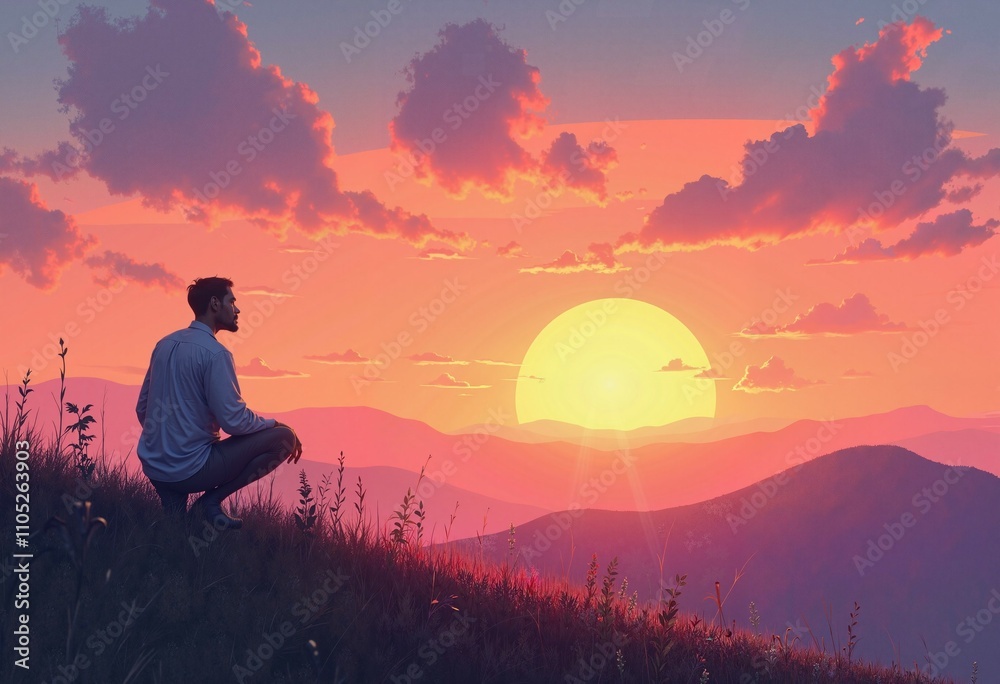 Obraz premium Kneeling figure on hilltop under glowing sunset sky 
