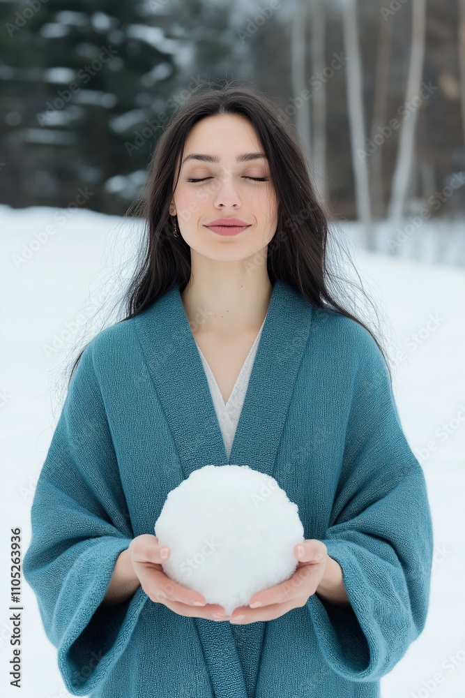 A woman is holding a snow ball in her hand while wearing a blue coat. The scene is peaceful and serene, with the woman looking relaxed and content