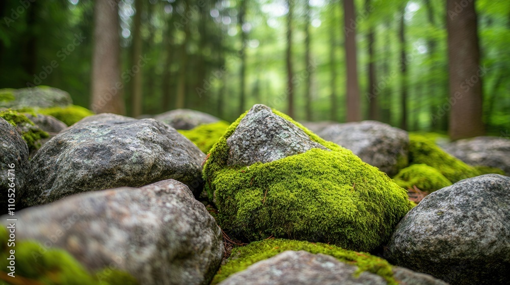 Environmental consideration concept, A serene forest scene featuring moss-covered rocks amidst lush greenery, showcasing nature's beauty and tranquility. Environmental consideration concept, A serene forest scene featuring moss-covered rocks amidst lush greenery, showcasing nature's beauty and tranquility.