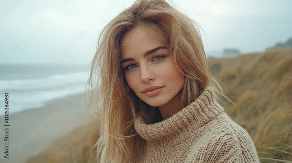 Fototapeta premium Serene Woman by the Coastal Dunes