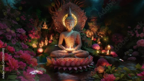 buddha statue under tree at night, glowing mandala, butterflies, nature forest, candles, lights, pink flowers, lotus, dream.