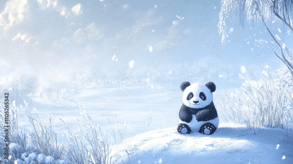 Adorable Panda Cub Sitting in Snowy Winter Wonderland Adorable Panda Cub Sitting in Snowy Winter Wonderland
