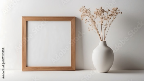 Design scandinavian interior of living room with wooden console, rings on the wall, mock up poster frame, flowers in vase and elegant personal