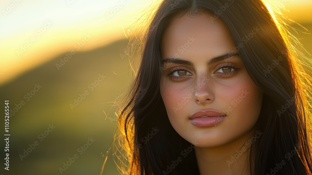 A serene portrait of a young woman with long dark hair, radiant skin, and captivating eyes, set against a soft sunset backdrop. A serene portrait of a young woman with long dark hair, radiant skin, and captivating eyes, set against a soft sunset backdrop.