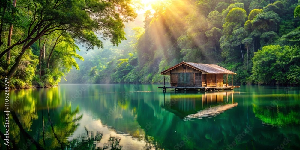 Fototapeta premium Serene Lakeside Cabin Bathed in Golden Sunlight, Reflected in Tranquil Waters Surrounded by Lush Green Foliage