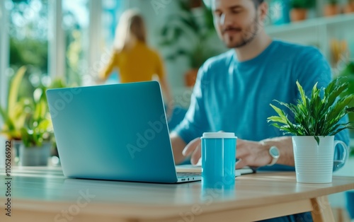 Modern Home Office Setup with Laptop, Coffee, and Plants - A Productive Workspace