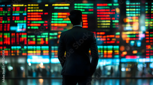 Businessman Observes Vibrant Stock Market Data Display at Night