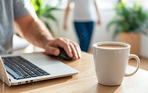 A Morning Routine: Laptop, Coffee, and Focus. A productive day starts with a good cup of coffee. A perfect morning routine for a productive day.