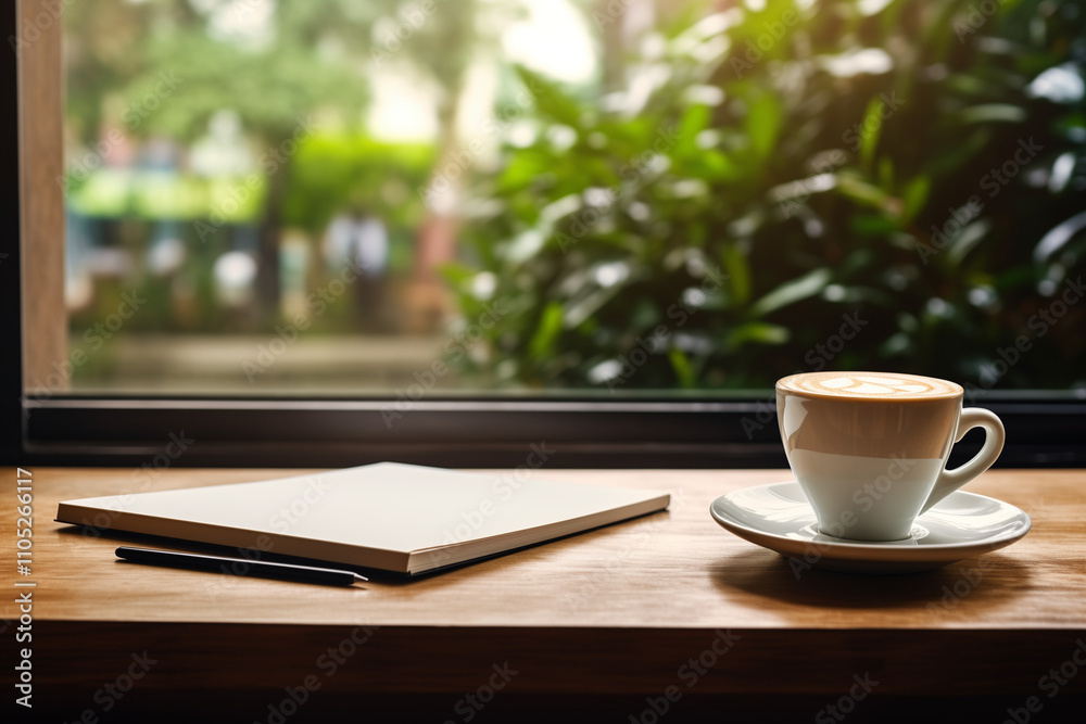 A cozy indoor setting with a wooden table, a white ceramic cup with a saucer, and a notebook placed beside it. A cozy indoor setting with a wooden table, a white ceramic cup with a saucer, and a notebook placed beside it.