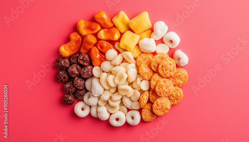 Snack candy sweet food concept. Colorful snack assortment on a pink background