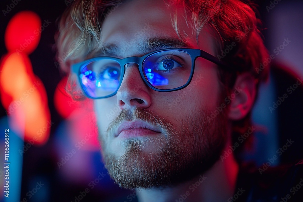A man wearing glasses sits at a computer, studying important information with concentration. His face expresses intellectual interest, and his gaze is directed at the screen,