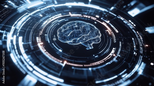 Abstract digital brain visualization.  A wireframe brain model is centrally displayed within a glowing, technological interface.  Cool blue and orange hues dominate the image.