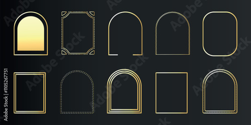 Luxury gold frame set in art deco, Islamic style. Premium golden arch on black background. Elements for vip card, wedding invitation. Collection elegant geometric shape. Isolated vector illustration