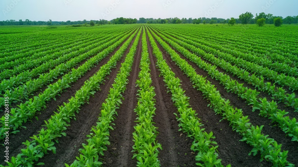 Environmental consideration concept, A lush green field with neatly arranged rows of crops stretching into the distance under a clear sky. Environmental consideration concept, A lush green field with neatly arranged rows of crops stretching into the distance under a clear sky.