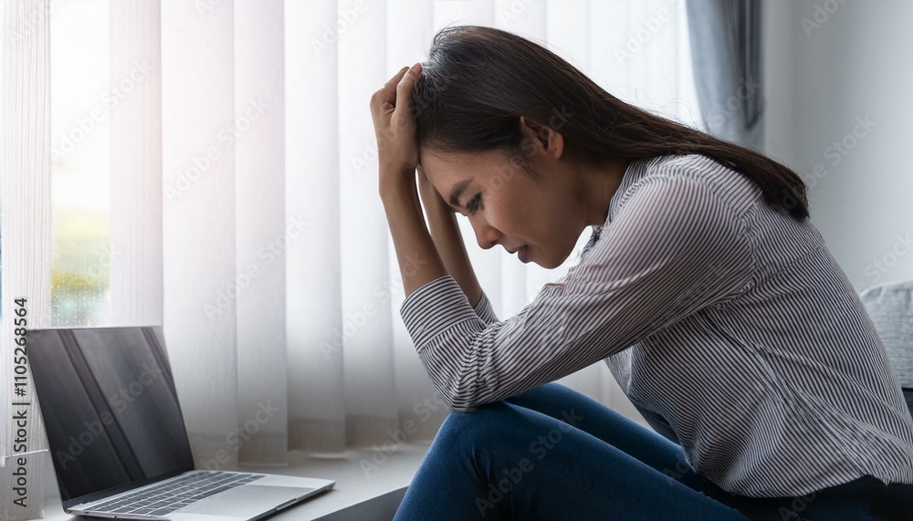 Debt and bankruptcy stress concept: A distressed Asian woman sits in a corner, appearing tired, sad, and overwhelmed. Debt and bankruptcy stress concept: A distressed Asian woman sits in a corner, appearing tired, sad, and overwhelmed.