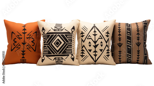 A set of colorful southwestern print pillows that bring a cozy and artistic touch to any living space. Perfect for adding character to your home, isolated on transparent background.