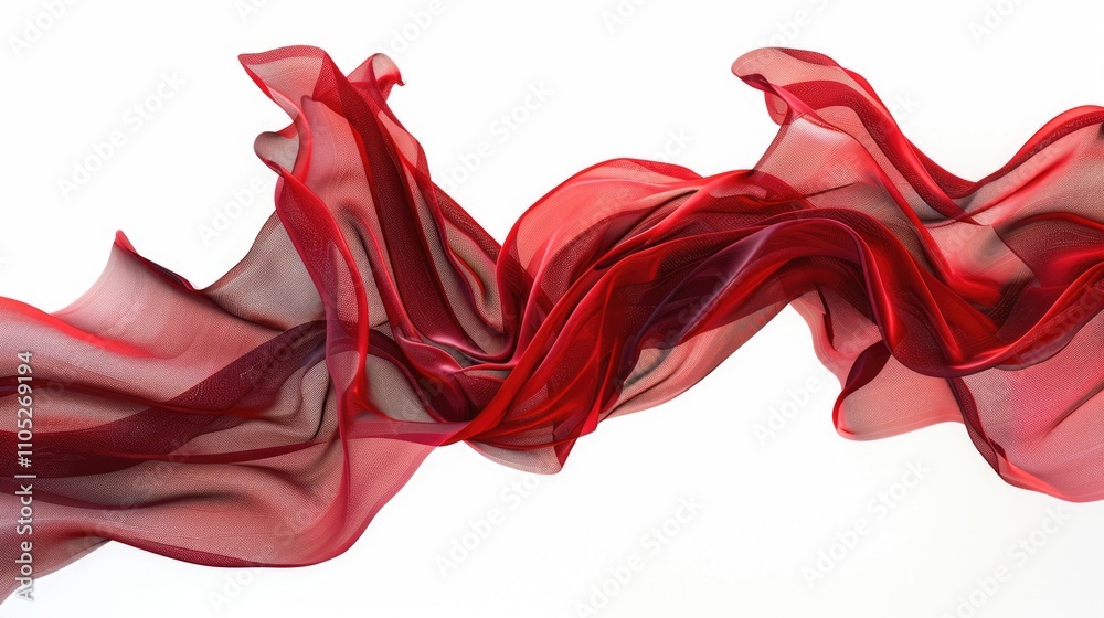 Flowing red fabric on white background with transparent elegant texture Flowing red fabric on white background with transparent elegant texture