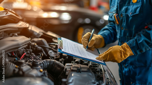 Mechanic conducting detailed inspection at auto service shop photo