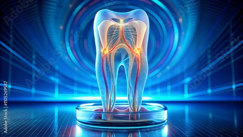 A semi-transparent 3D model of a human tooth showing internal anatomy—enamel, dentin, pulp, and roots—displayed on a futuristic holographic stand with glowing blue light accents photo