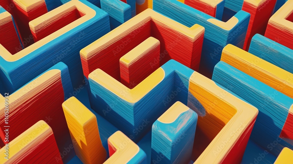 Obraz premium Colorful abstract maze design with blue red, yellow pathways. Wooden look. Intricate patterns. Complex design. Generative AI art. Modern style. Geometric shapes. Abstract illustration. Visual puzzle.