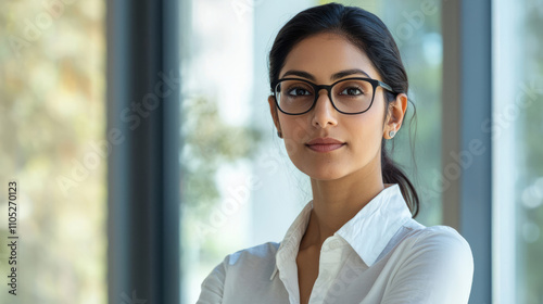 Confident businesswoman with glasses in modern office environment Free Download Confident businesswoman with glasses in modern office environment - GFXLoad