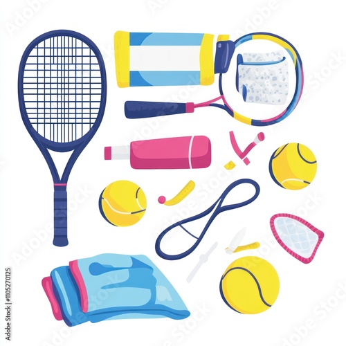 Vibrant Tennis Equipment Illustration: Racquets, Balls, Towels, and More