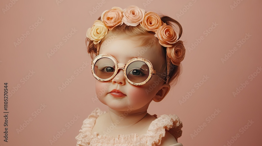 Adorable toddler girl with a flower crown and oversized sunglasses, posing against a soft pink background. A sweet and stylish portrait. Adorable toddler girl with a flower crown and oversized sunglasses, posing against a soft pink background. A sweet and stylish portrait.