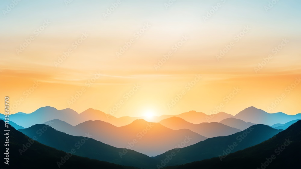 A serene sunrise over layered mountains, casting warm hues across the sky, creating a peaceful and breathtaking landscape.