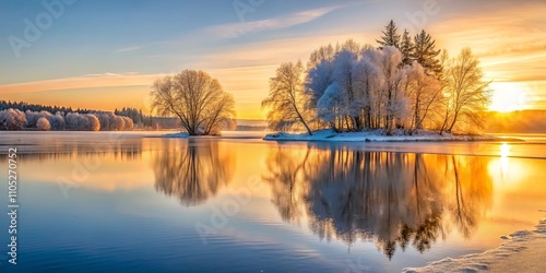 Serene Winter Sunrise over Frozen Lake with Snow-Covered Trees and Golden Reflections