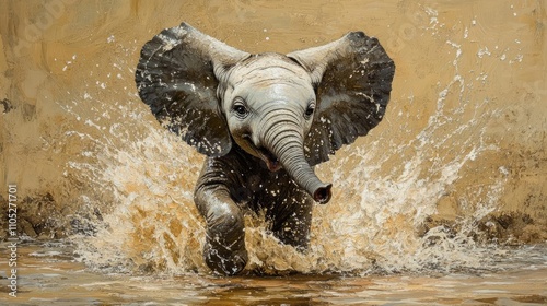 A baby elephant playing in a waterhole, splashing joyfully photo