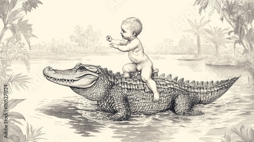 A whimsical illustration of a baby riding an alligator in a swampy setting. The monochromatic palette and detailed drawing create a captivating scene.