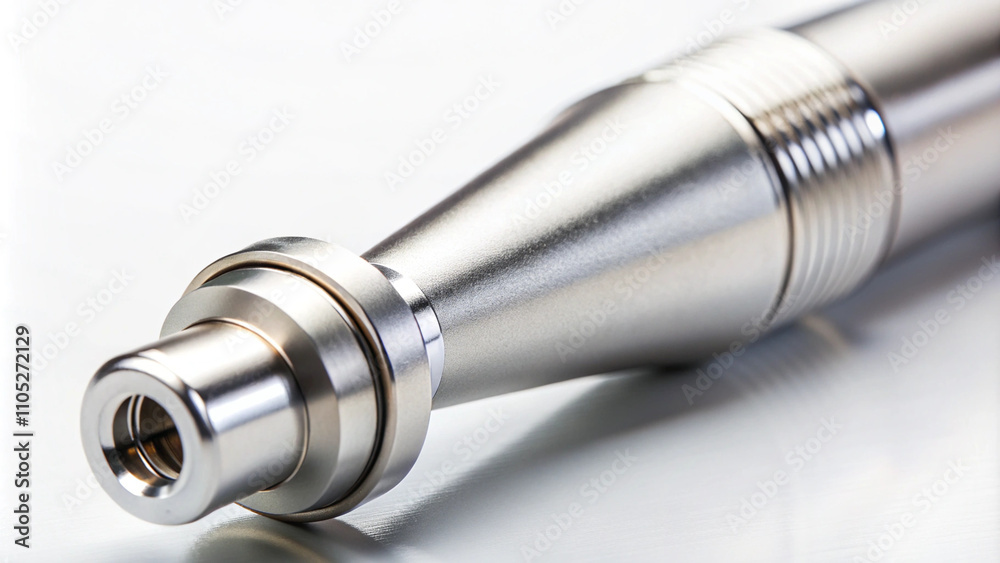 A close-up of a sleek, modern dental sandblasting nozzle, displayed on a clean white background with its intricate details and polished stainless steel surface A close-up of a sleek, modern dental sandblasting nozzle, displayed on a clean white background with its intricate details and polished stainless steel surface