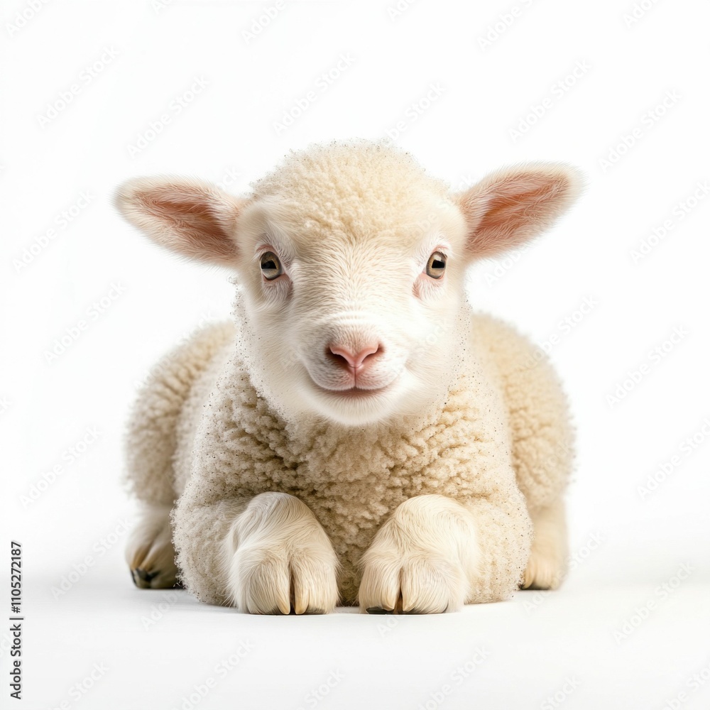 Obraz premium Cute Lamb Lying on White Background