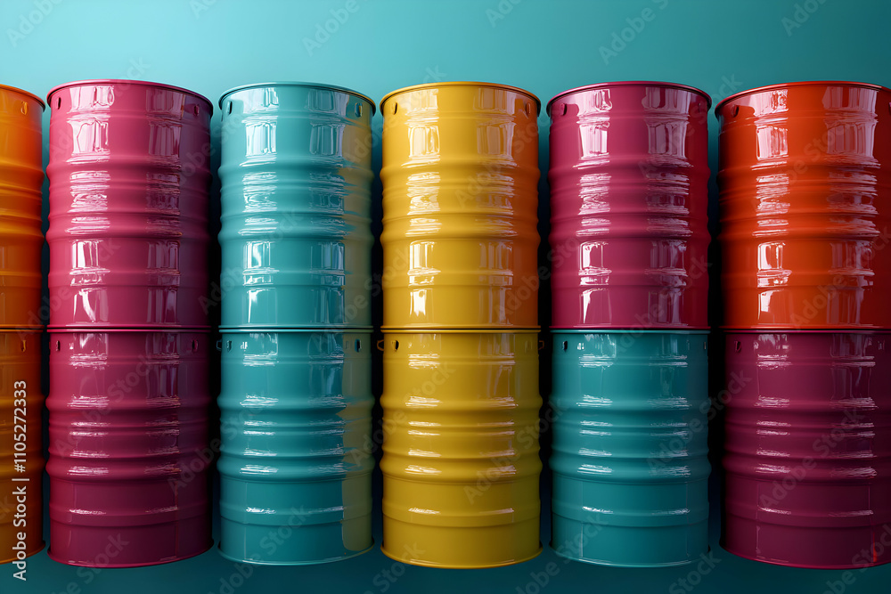 Colorful Stacked Metal Barrels in a Teal Room: A 3D Render of Shiny, Vividly-Colored Industrial Containers Against a Soft Aqua Background.