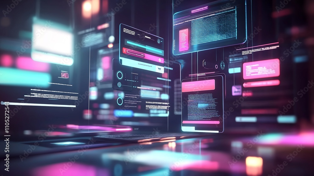 Fototapeta premium Futuristic 3D web components floating in a virtual space, innovative web design concept, cutting-edge UI elements.