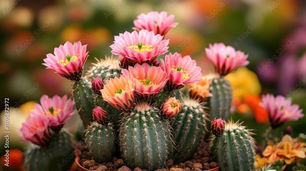 A cactus blooming in the desert, with colorful flowers A cactus blooming in the desert, with colorful flowers