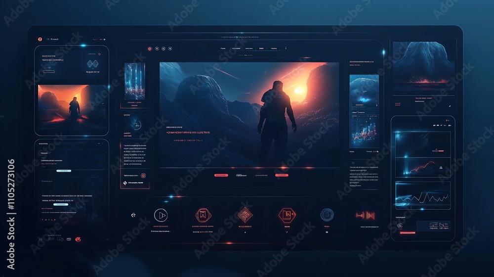 Dark mode website layout with glowing elements, trendy web design aesthetic, modern UI/UX concept. Dark mode website layout with glowing elements, trendy web design aesthetic, modern UI/UX concept.