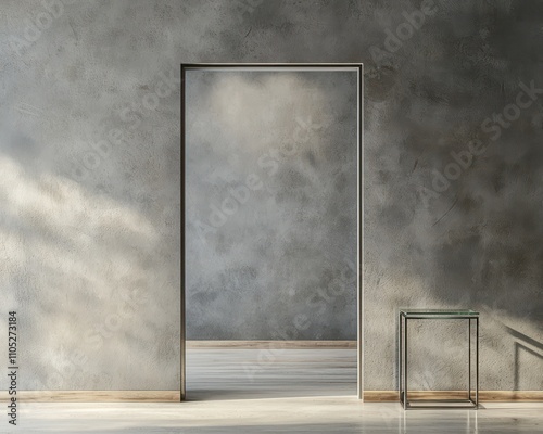 A stylish concrete door with a charcoal wall and a metal-framed glass side table.
