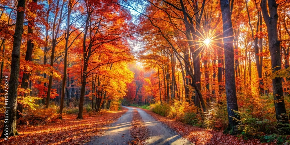 Fototapeta Autumnal Path Through a Sun-Drenched Forest of Vibrant Red and Gold Foliage