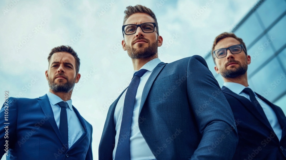 Three Handsome Men in Blue Suits Outside Office Building