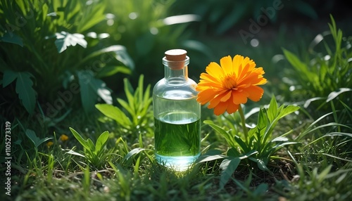 Una flor de caléndula naranja con una botella de vidrio de aceite esencial en primer plano photo