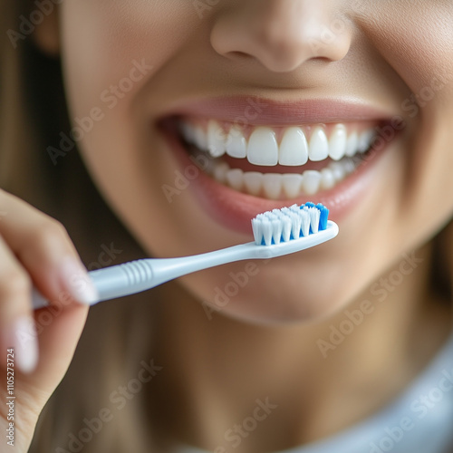  Smiling woman brushing teeth with a toothbrush, close-up of a snow-white smile photo