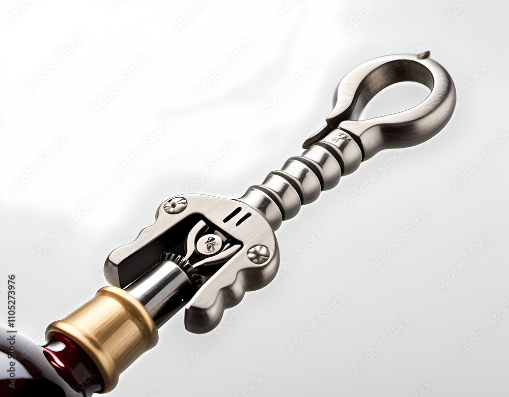 Closeup of a corkscrew wine opener on a clear white background. Generative AI Closeup of a corkscrew wine opener on a clear white background. Generative AI