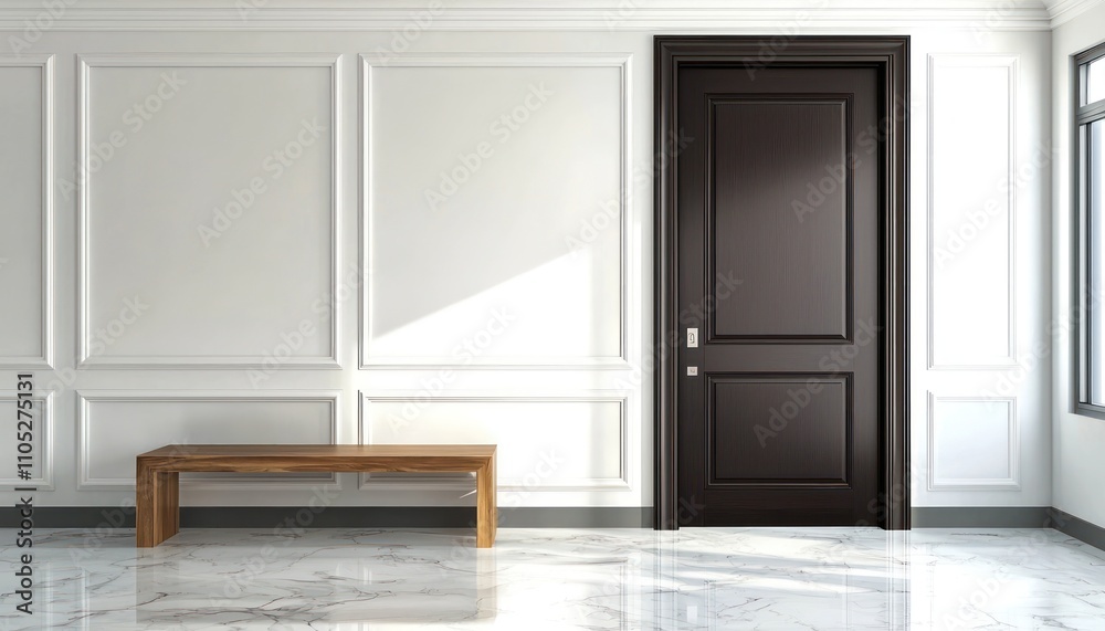 Dark mahogany door with marble floor and minimalist bench, natural daylight. Dark mahogany door with marble floor and minimalist bench, natural daylight.
