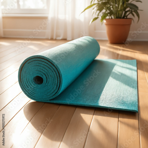 A rolled-up purple yoga mat resting on a polished wooden floor.