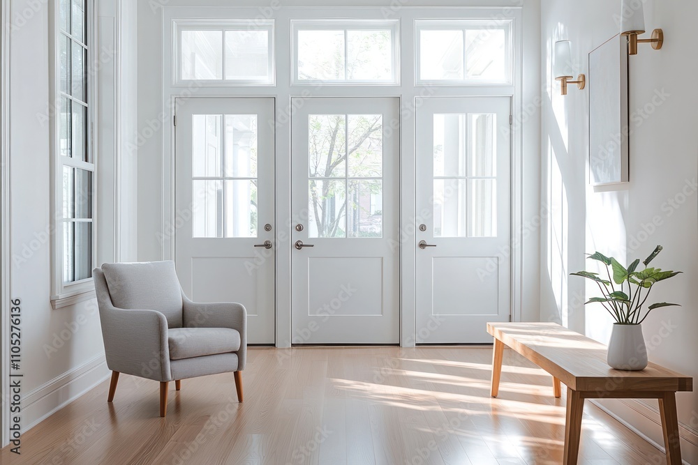 A bright hallway with sleek decor, modern double doors, and sunlight on polished floors. A bright hallway with sleek decor, modern double doors, and sunlight on polished floors.