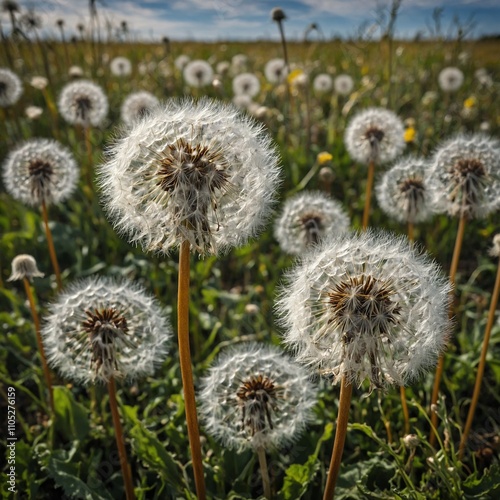 A field of dandelions gone to seed, their delicate white puffballs ready to be carried away by the wind. photo